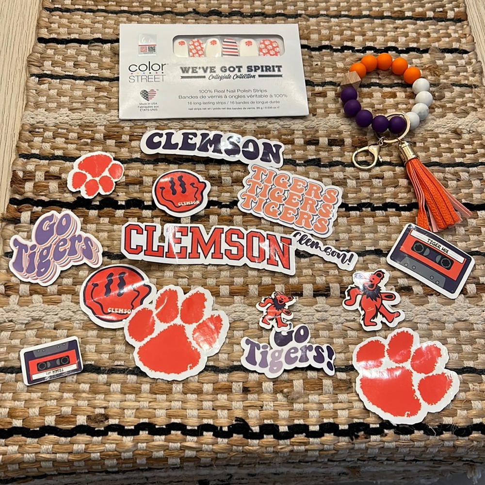 Clemson University key chain, color street nail polish and vinyl stickers. New!